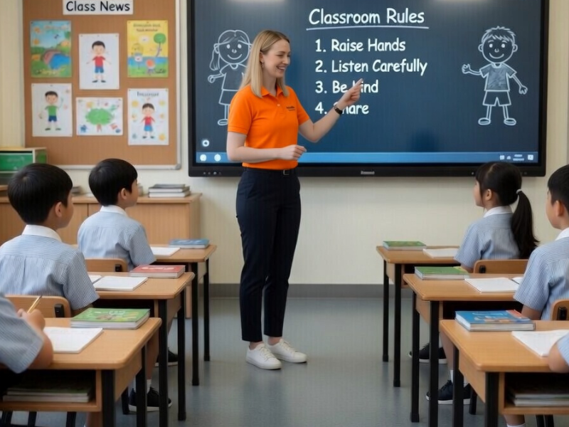 A teacher stands in front of a classroom screen listing classroom rules while students sit at desks and watch.