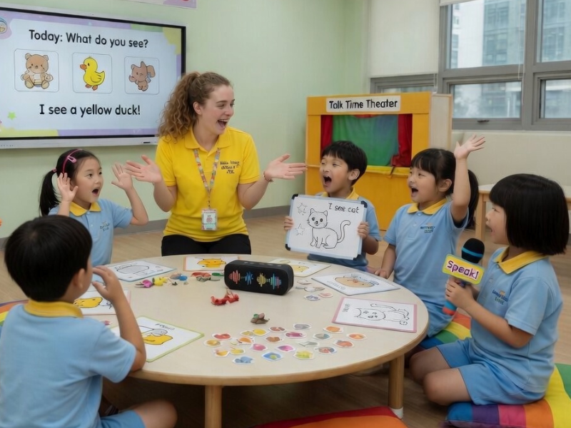 Children sit around a low round table while a teacher leads a talk-time lesson with picture card.