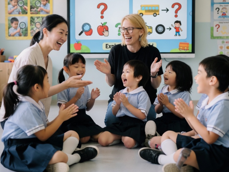 Teachers and young students sit in a circle and clap during a classroom activity, with educational posters in the background