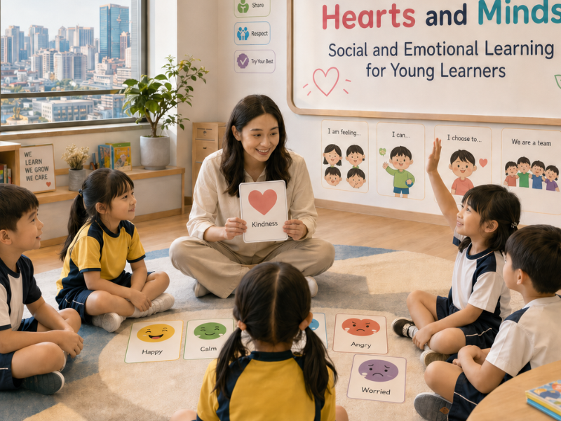 A teacher leads a social-emotional learning circle with young children, holding a “Kindness” card and emotion cards on the floor
