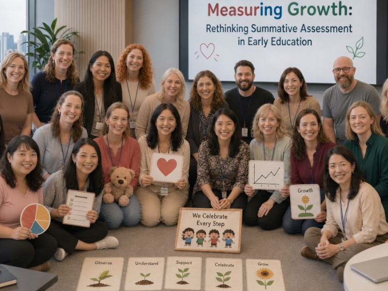 A group of adults pose in a classroom for a professional development session with posters about growth and celebration